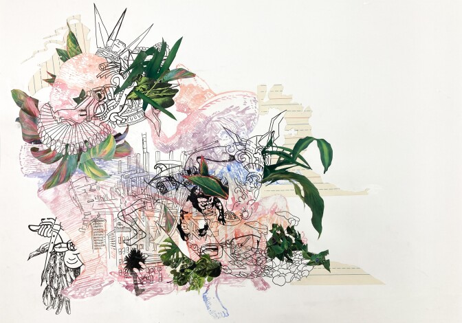 David Rios Ferreira's "We would all be together in a sudden strangeness" is watercolor, ink and collage on paper.