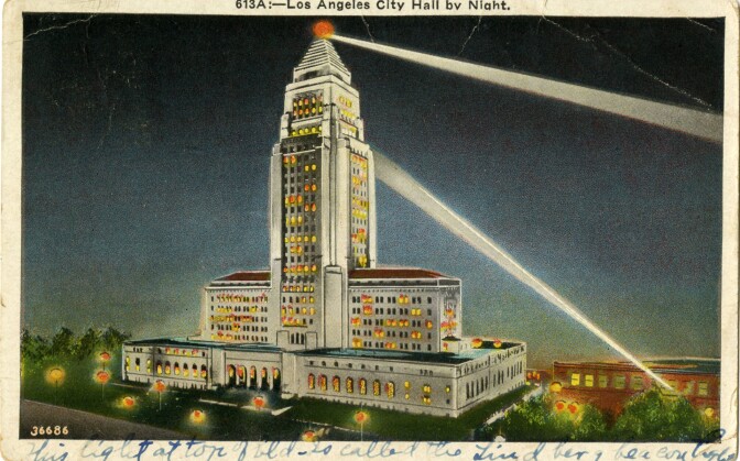 Postcard of Los Angeles City Hall at night, 1935