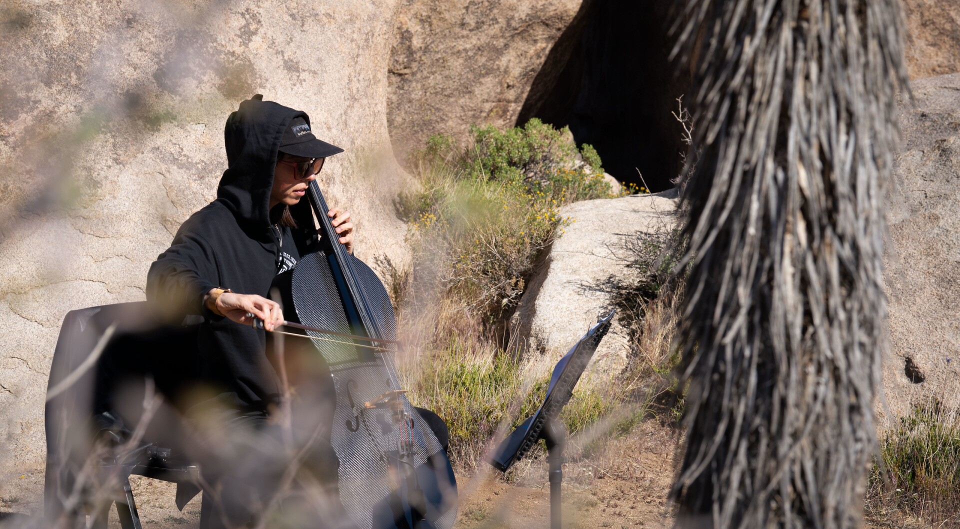 Emily Elkin is wearing a black zip-up hoodie, a black cap and sunglasses as she sits and plays a black cello. Emily is playing the cello in the middle of a desert, surrounded by rock formations and desert flora. In the foreground, branches of a desert bush partially cover Emily is she plays the cello.