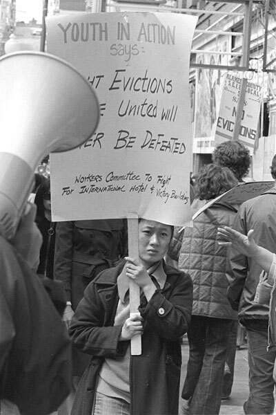 A demonstrator at the January 1977 protest at the International Hotel in San Francisco. | Nancy Wong/Wikimedia Commons