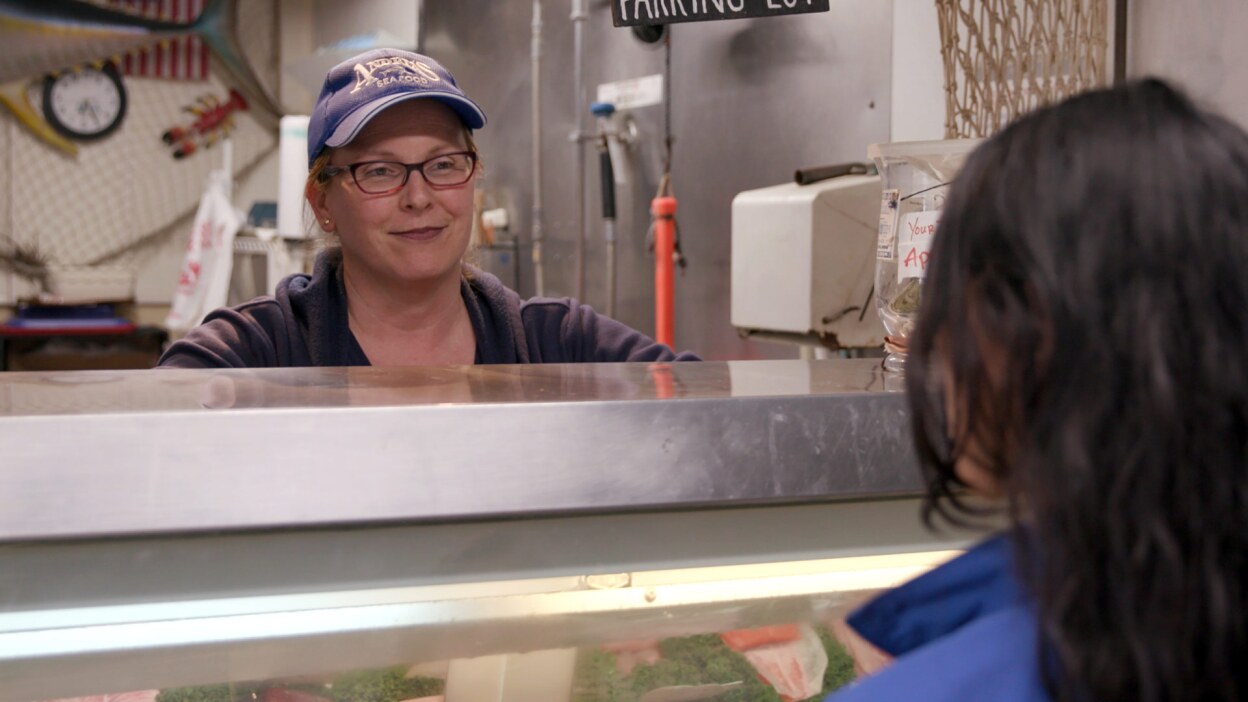 Andria of Andria's Seafood, Behind Counter at Fish Market