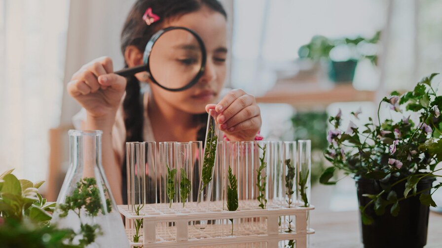 A little girl looks at test tubes through a magnifying glass. iStock