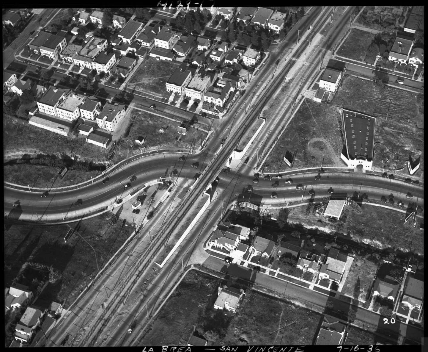 A viaduct over La Brea Avenue at San Vicente separated streetcar from automobile traffic. 1936 aerial photo courtesy of the Automobile Club of Southern California Archives.