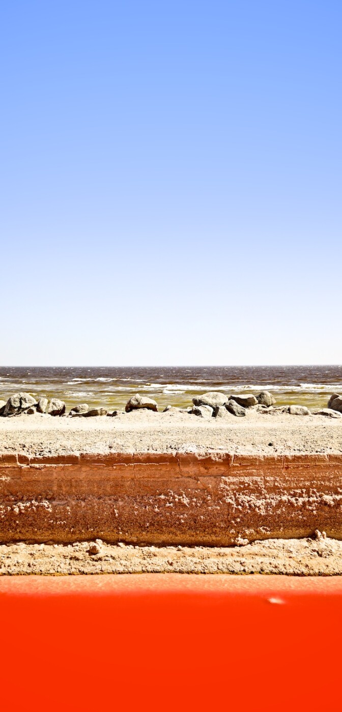 "Sky, Whitecaps, Earth, Halobacteria." Salton Sea, CA. 2014. | Photo: Osceola Refetoff.