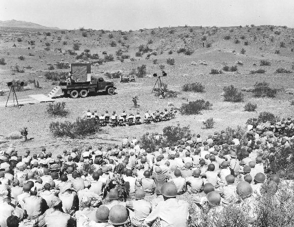 Officers listen to reviews of a maneuver held five miles from Needles, California at the Desert Training Center in September 1942. | U.S. Army photograph, courtesy of the General Patton Memorial Museum.
