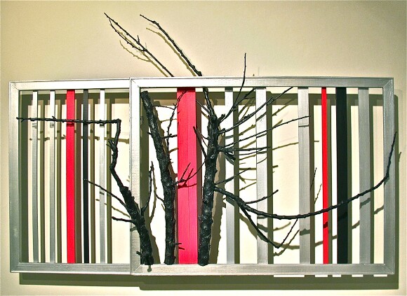 "Vitality I" (Fusion Ikebana series) by Shizuko Greenblatt, 2011; acrylic on canvas frames, branches and wooden rods, 42" x 60" x 14". | Courtesy of the artist.