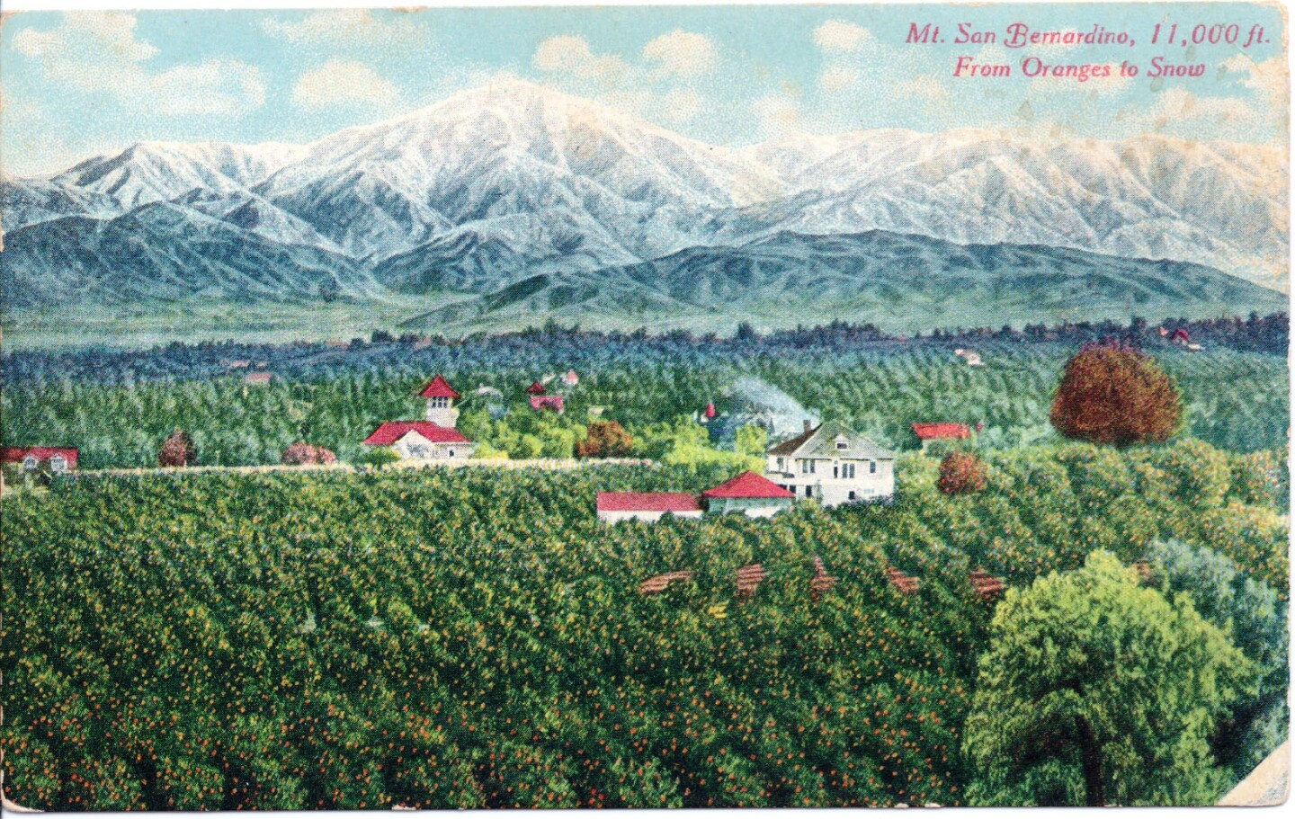 Regional boosters and promoters of Southern California's citrus industry oth loved images like this, in which snow-capped peaks frame orange groves. Courtesy of the David Boulé Collection.