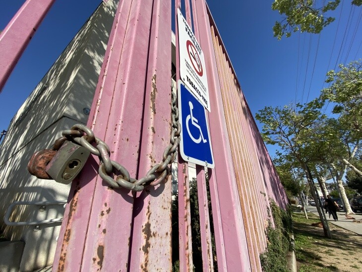 A padlocked entrance to Bellevue Primary Center, an L.A. Unified School District campus in Silver Lake, on April 1, 2020. | Kyle Stokes/LAist