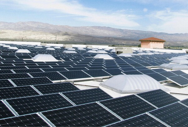 Solar on a big-box rooftop in the California desert.