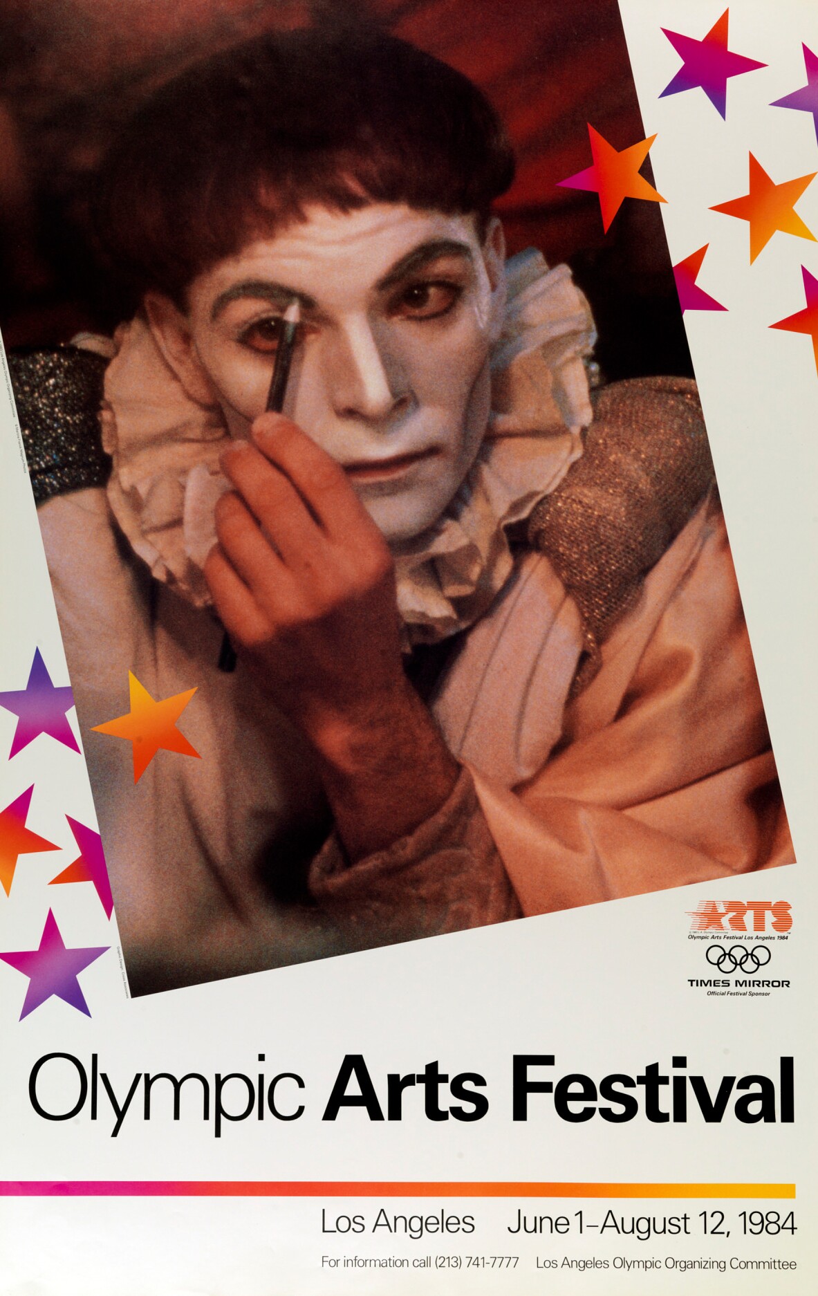 Poster for the Olympic Arts Festival held just before 1984 Summer Olympic Games is a color photograph of a clown putting on his makeup and marked in black at the bottom of the poster, "Olympic Arts Festival Los Angeles June 1-August 12, 1984.