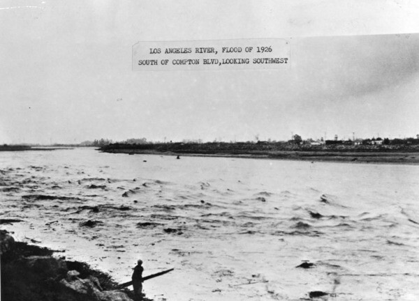 A swollen Los Angeles River rushes through Compton, 1926. Courtesy of the Los Angeles Public Library Photography Collection.