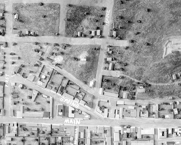 Temple Square appears at the bottom-center of this photograph of a model of old Los Angeles. Courtesy of the USC Libraries - Dick Whittington Photography Collection.