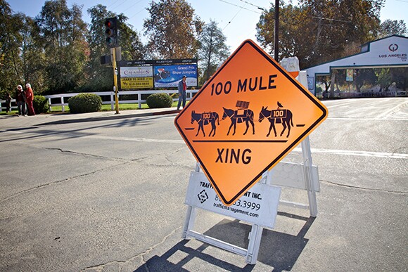 Mule Crossing sign at the L.A. Equestrian Center announces the art action end. | Photo: Osceola Refetoff