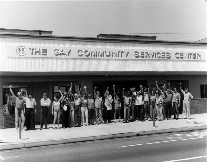 Two dozen supporters stand in front of the Gay Community Services Center, circa 1974
