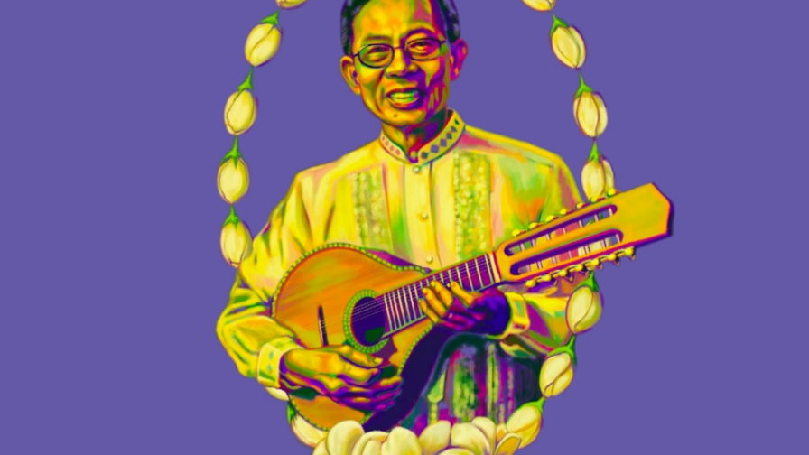 A colorful illustration of De Leon. He is wearing a Filipino traditional barong and is holding a stringed instrument. Around him are sampaguita flowers, the country's national flower.