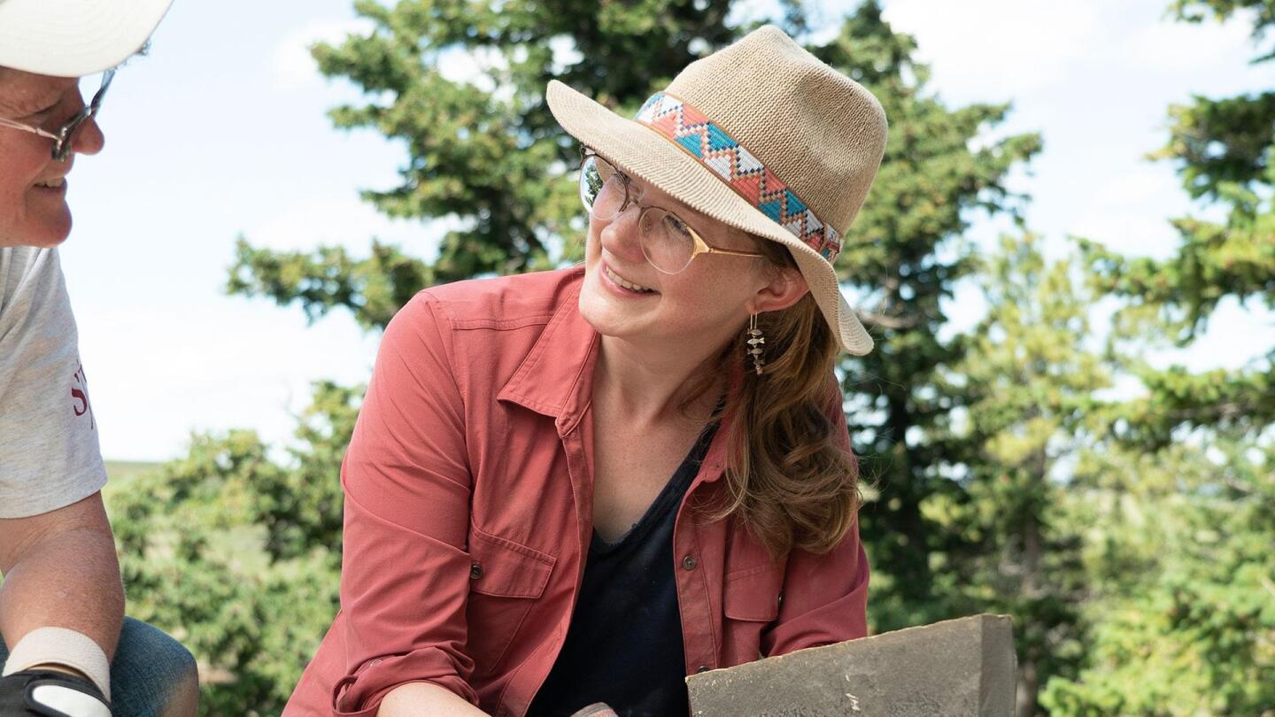Prehistoric Road Trip host Emily Graslie and Eileen Grogan in Bear Gulch Limestone Fossil Site, Montana. | "Prehistoric Road Trip: Welcome to Fossil Country"
