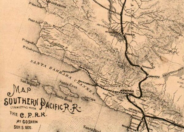 Detail of an 1876 Southern Pacific map, showing the railroad's lines through Southern California. Courtesy of the Robert B. Honeyman, Jr. Collection of Early Californian and Western American Pictorial Material, Bancroft Library, UC Berkeley.