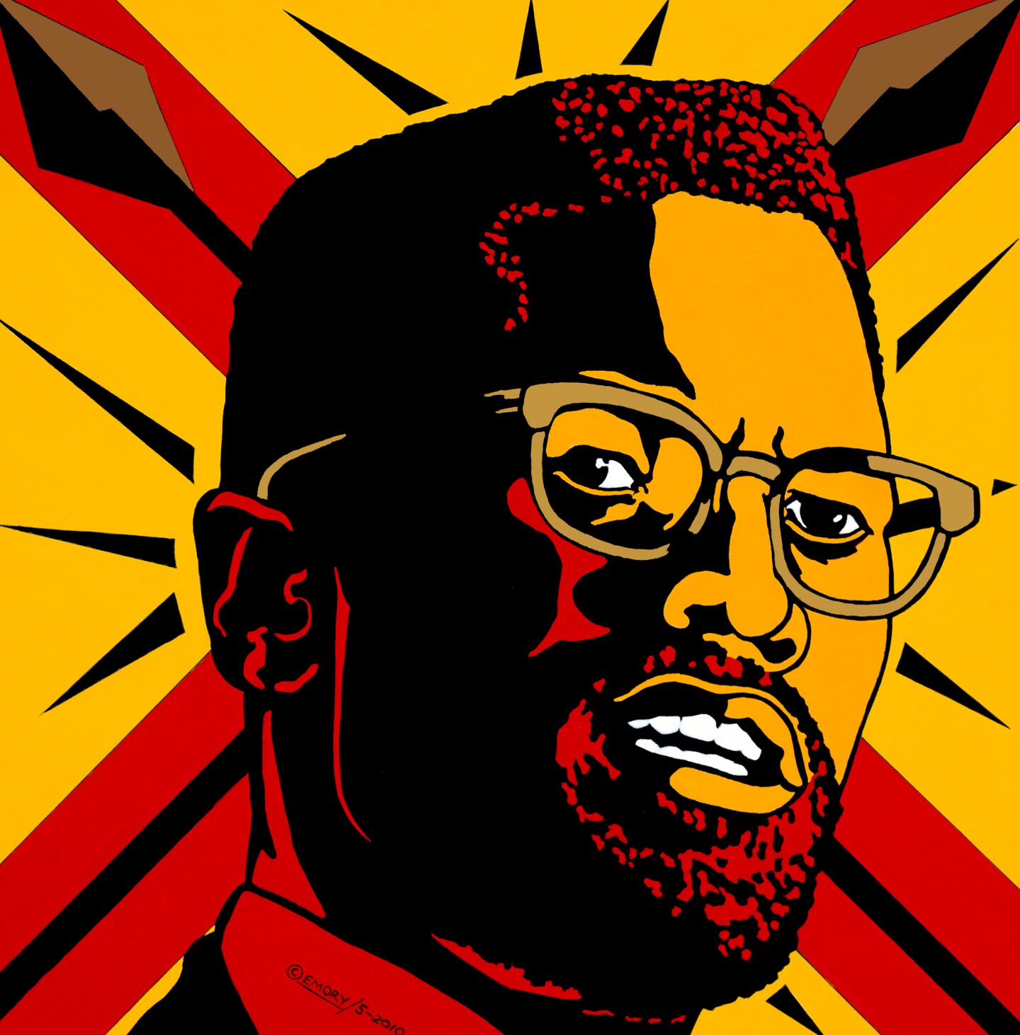 A graphic design poster of Malcolm X made by Emory Douglas.