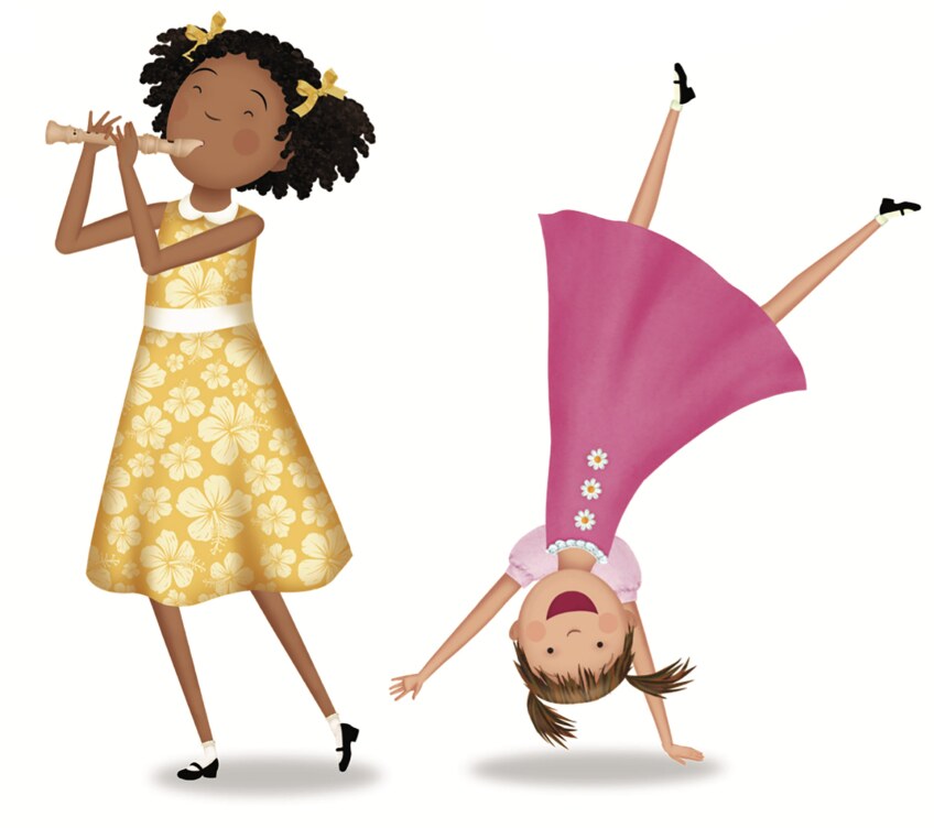 Cartoon of one little girl playing a flute while the other does a cartwheel.