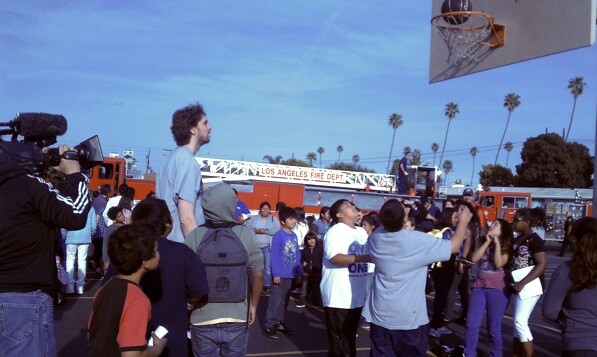 Pau Gasol with students at Broadway Elementary School