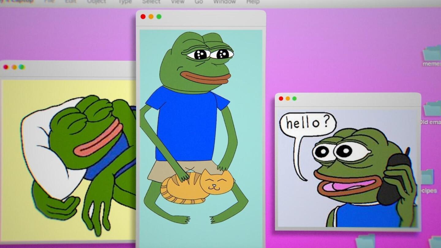 A desktop interface with three windows of Pepe the Frog images. | From "Independent Lens: Feels Good Man"
