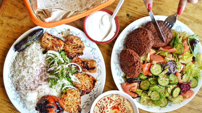 Plates of chicken breast and falafel at Mini Kabob