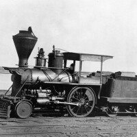The tiny San Gabriel was the first steam locomotive to haul freight and passengers between Los Angeles and San Pedro. It was later replaced by two larger engines. Courtesy of the Photo Collection, Los Angeles Public Library.