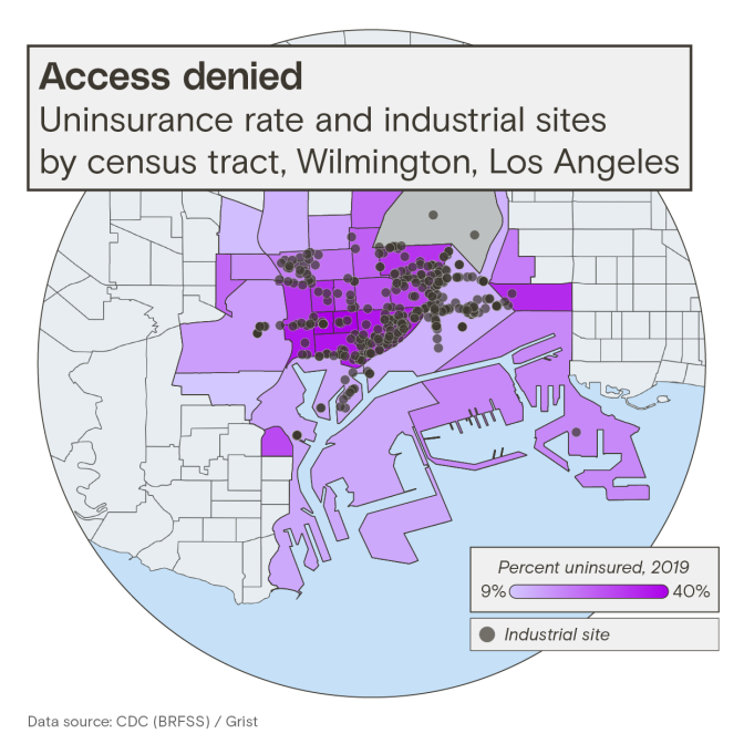 As low as 9 percent and as high as 40% of people were uninsured in parts of Wilmington, California.