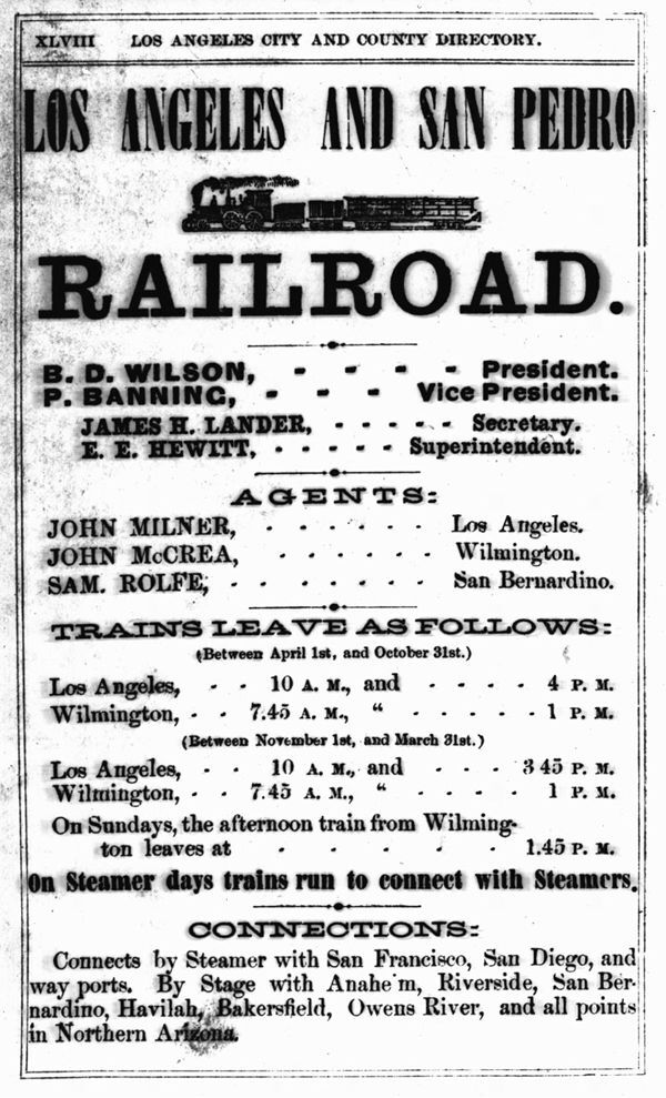 1869 advertisement for the Los Angeles & San Pedro Railroad. Courtesy of the California Historical Society Collection, USC Libraries.