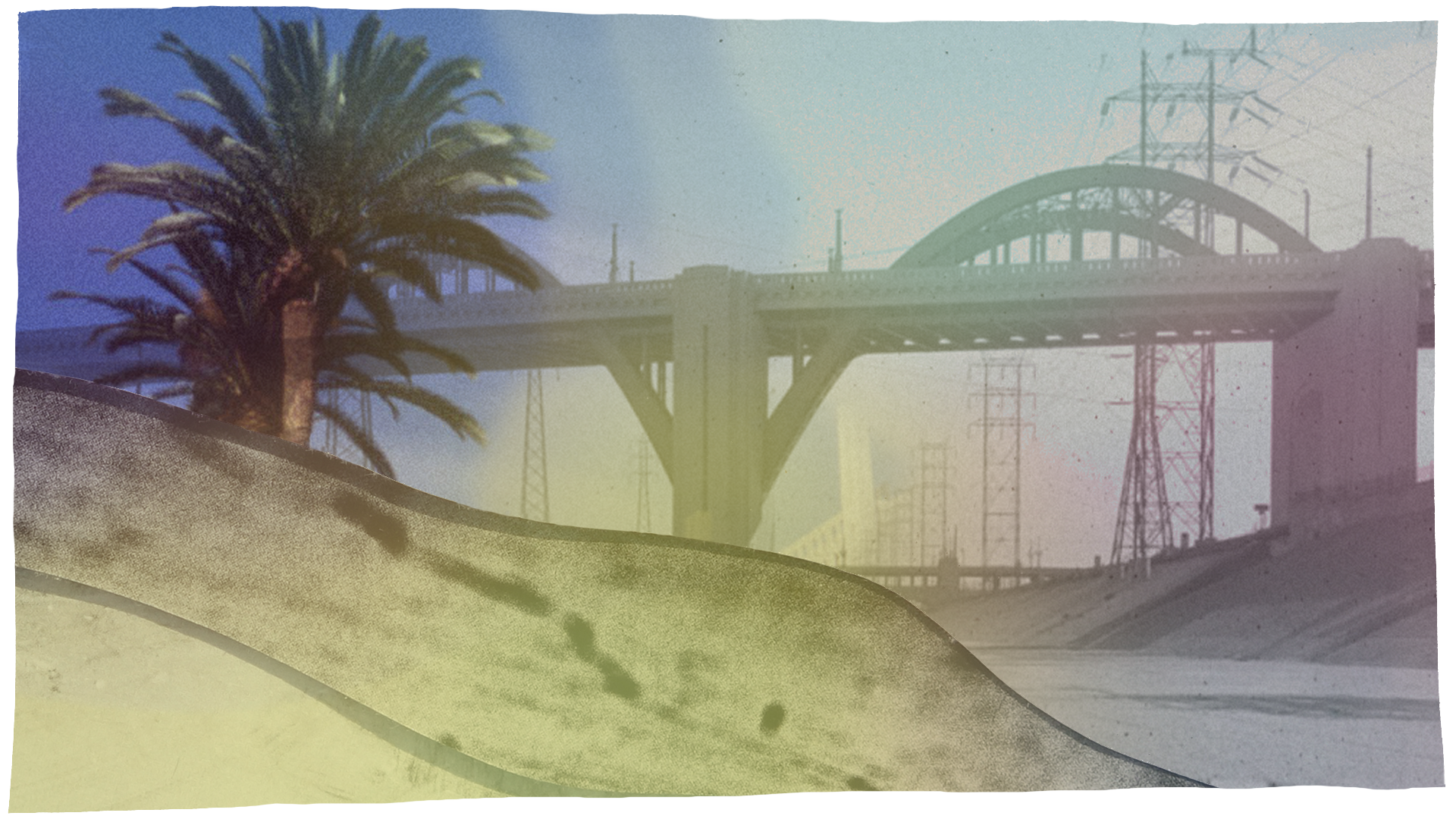 A graphic that shows the Sixth Street Bridge with palm trees and the Los Angeles River.