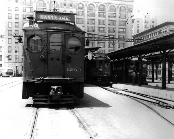 A Santa Ana-bound car at the Pacific Electric's downtown L.A. terminal. Courtesy of the Metro Transportation Library and Archive.
