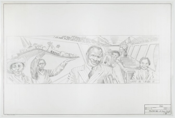 A 1983 graphite sketch of "The Great Wall of Los Angeles 1950: Forebearers of Civil Rights" depicting prominent civil rights leaders and activists like Paul Robeson, Rosa Parks, Gwendolyn Brooks, Ralph Bunche and Martin Luther King, Jr. rising from their bus seats.