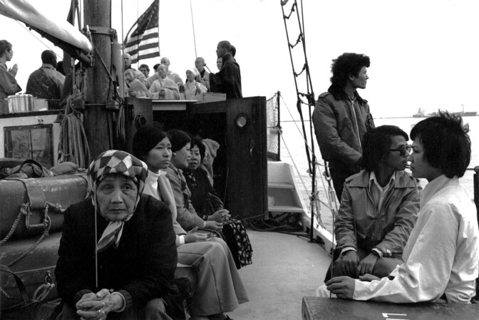 The Venerable Thich Thien-An leading a ceremony on a boat in the Los Angeles Harbor, 1979 | Don Farber