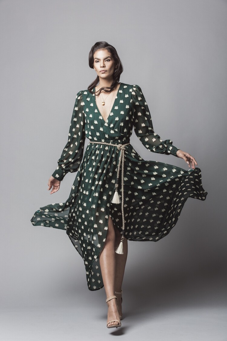 Model Jade Whillouby wears a B.yellowtail elk tooth chiffon maxi dress, elk tooth necklace, and horsehair rope belt, part of Los Angeles fashion designer Bethany Yellowtail's spring 2015 line.