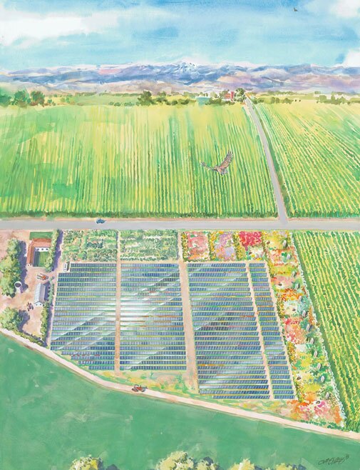 An aerial view of the solar panels at Jack's Solar Garden. | Artwork courtesy of Jack's Solar Garden by artist Jeff Slemons