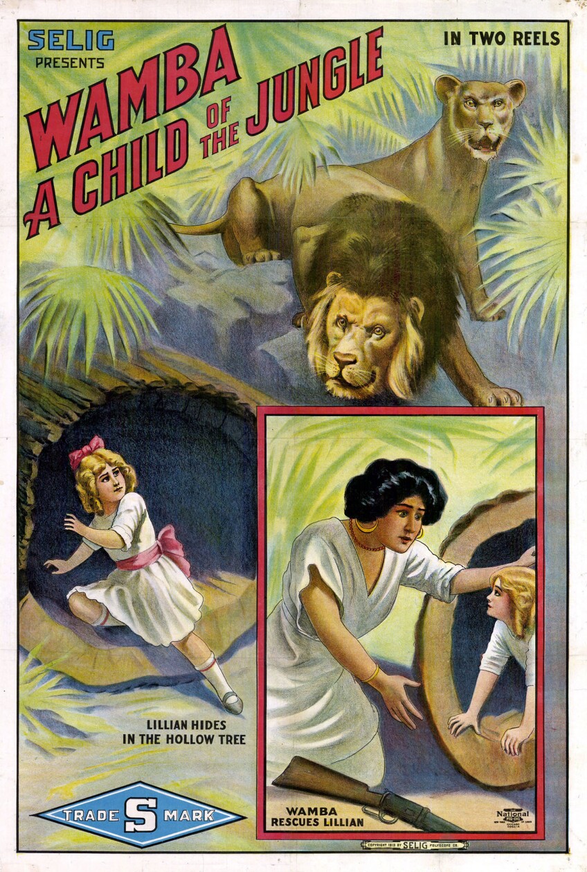 A painted movie poster of "Wamba, A Child of the Jungle." The water color poster art features a young blonde girl, hiding in a fallen tree log. Beneath her reads, "Lillian hides in the hollow tree." The blonde girl looks up at two snarling lions, one male and one female. Another painted image, framed by a red border is to the right of the blonde girl. In the small thumbnail image is an older woman with brown skin and black hair. She appears to be helping the child in the tree.