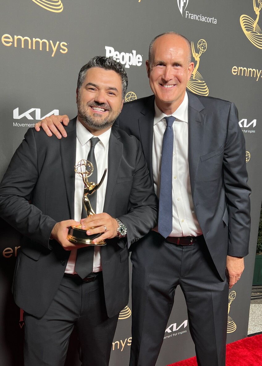 Daniel Druhora poses with his L.A. Emmy statuette with Paul Nelson.