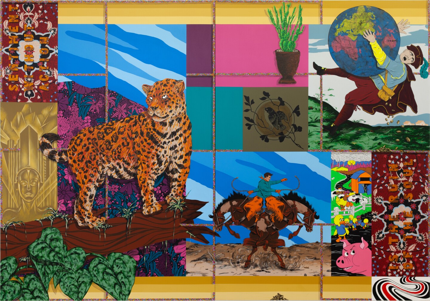 A cheetah, a cowboy riding a two-headed horse and a man falling over as he holds a spherical earth