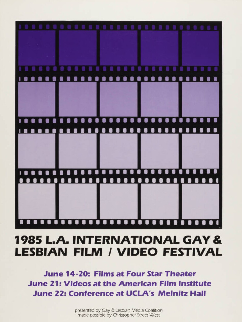 A series of film strips with purple gradient advertising the 9th Annual Gay & Lesbian Film and Video Film Festival.