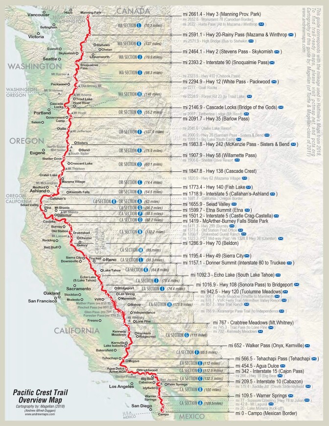 A map of Western California that shows a red line where the Pacific Crest Trail goes through.