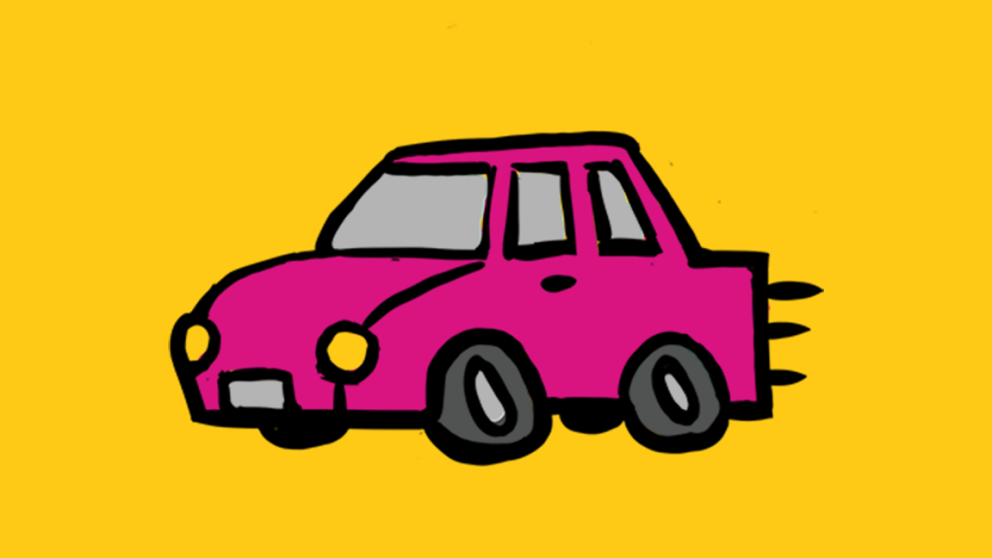 Cartoon of a pink car over a yellow background