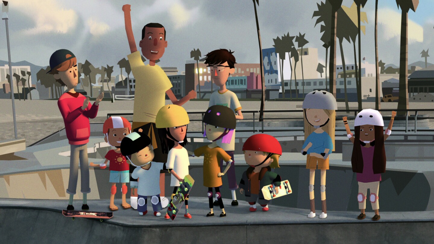 A still from Elizabeth Ito's animated series "City of Ghosts" depicts a group of children with one adult standing at a skate park. Most of the children are wearing helmets and holding skateboards with an excited expression on their faces.