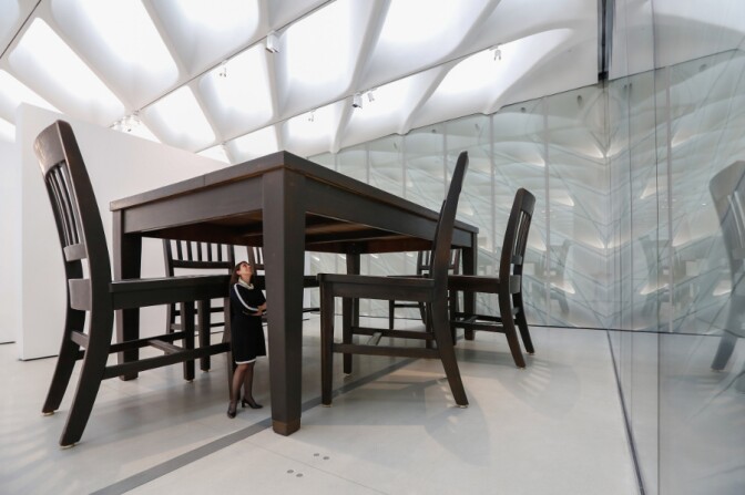 Installation of Robert Therrien's "Under the Table," 1994 in The Broad's third-floor galleries. | Photo: Elizabeth Daniels, courtesy of The Broad and Diller Scofidio + Renfro.