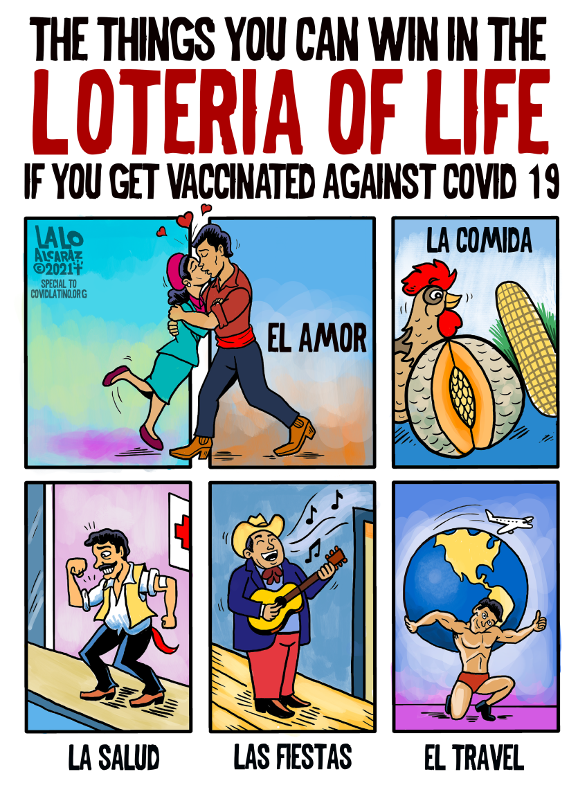 Comic that reads "The things you can win in the loteria of life if you get vaccinated aggainst covid-19: El amor, la comida, la salud, las fiestas, el travel."