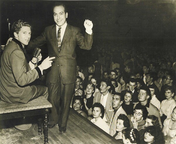 Jerry Lee Lewis, Art Laboe, concertgoers at El Monte Legion Stadium ca. 1957 | Courtesy of Art Laboe Archives