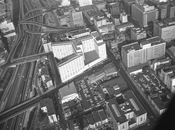 1955 aerial view of the intersection. Courtesy of the Kelly-Holiday Collection of Negatives and Photographs, Los Angeles Public Library.