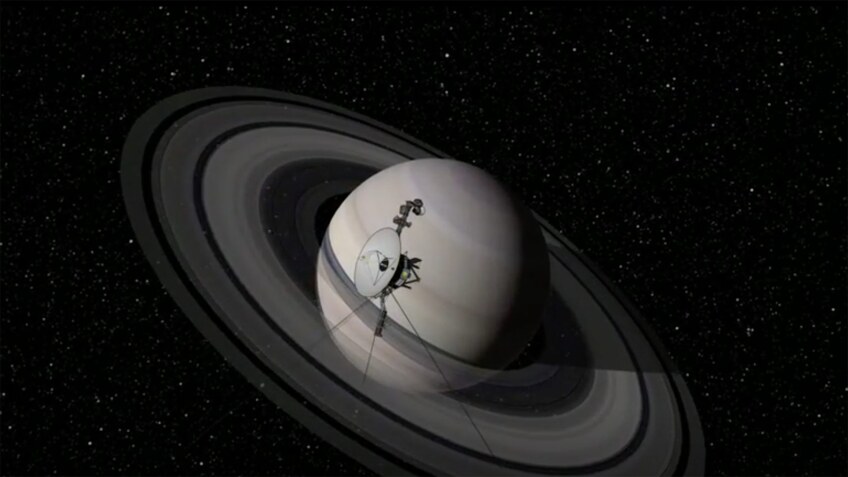 Artistic rendering of the spacecraft Voyager close to Saturn