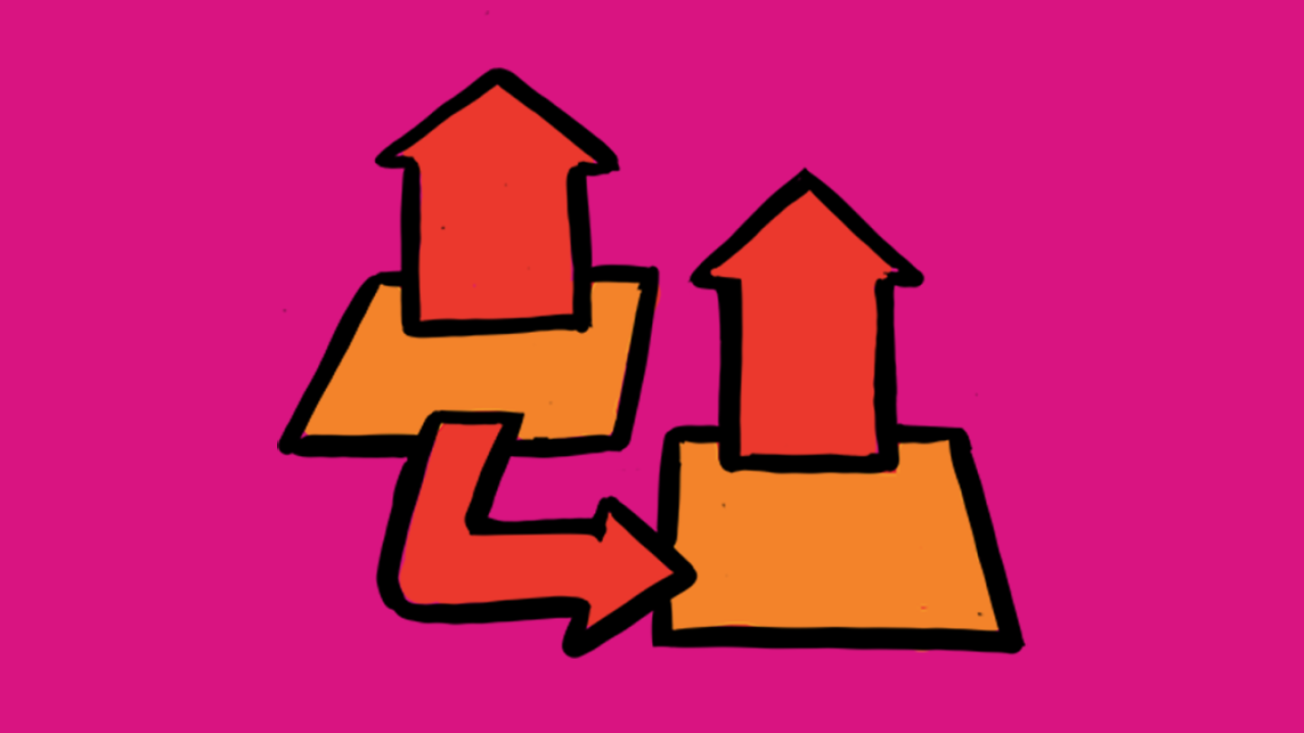 Cartoon of a house with an arrow pointing to another house.