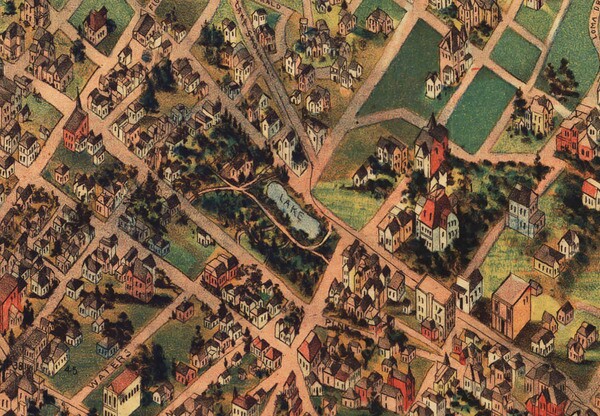 Second Street Park appears in the center of this detail from an 1891 map, courtesy of the Library of Congress. Note that north points toward the bottom of the map.
