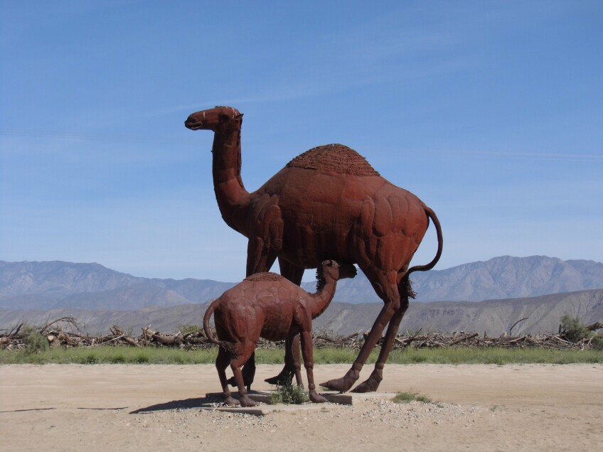 A red iron metal sculpture of a camel mother and a baby camel set against a desert landscape. 